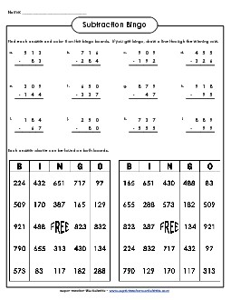 Subtraction Bingo  (3-digits / Regrouping) Worksheet