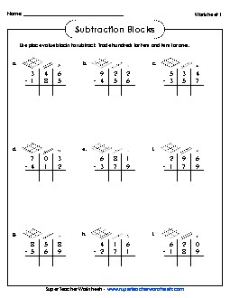 3-Digit Subtraction with Place Value Blocks Worksheet