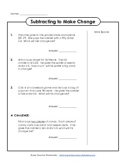 Subtracting Word Problems: Making Change (Medium) Subtraction Worksheet