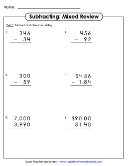 Subtraction Mixed Review Worksheet