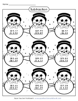 Snowmen Subtraction Picture (Money) Worksheet