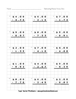 Graph Paper Subtraction: Money Across Zero Worksheet