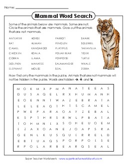 Mammals Wordsearch Worksheet