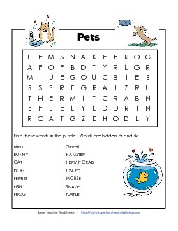 Pets (Easy) Wordsearch Worksheet