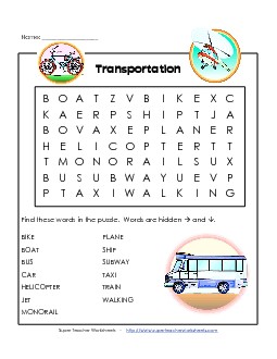 Transportation Wordsearch Worksheet