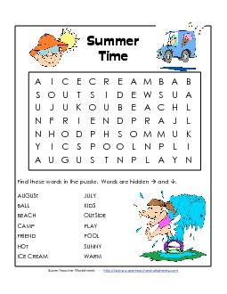 Summer Time Wordsearch Worksheet