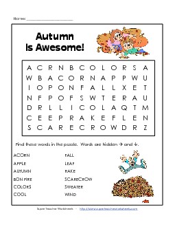 Fall (Autumn) Wordsearch Worksheet