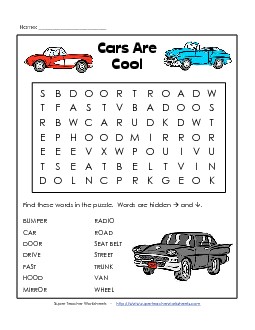 Cars Free Wordsearch Worksheet