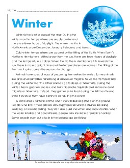 Winter Months  Grade Reading Comprehension Worksheet