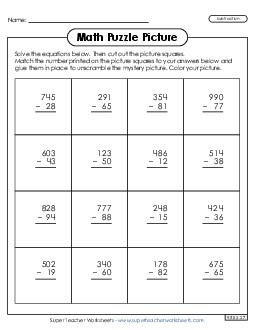 3-Digit Subtraction - Sled Picture Puzzle Winter Worksheet