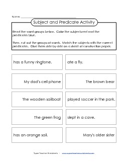 Cut & Glue Subject/Predicate Activity Subject Predicate Worksheet