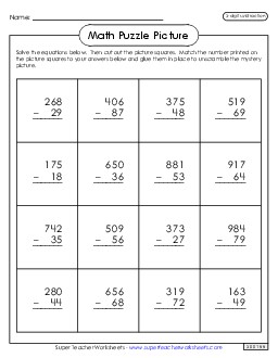 Subtraction (Borrowing) - Leprechaun Picture Puzzle Stpatrick Worksheet