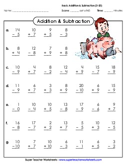 Addition & Subtraction Facts (0-20) Worksheet