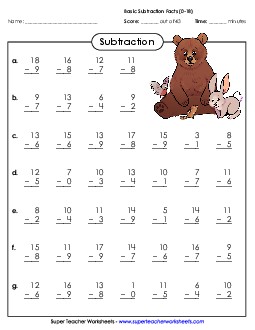 Subtraction Basic Facts (0-18) Worksheet