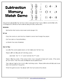 Subtraction Matching Game (Basic Facts Within 20) Free Worksheet