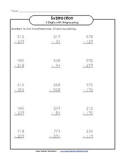 Subtraction Worksheet (3-digits / Regrouping) Worksheet