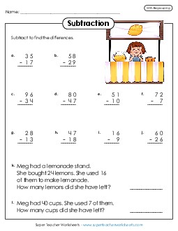 Subtraction Practice (2-Digits /  Regrouping) Free Worksheet