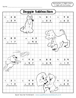 Dog Subtraction (2-digits / Regrouping) Worksheet