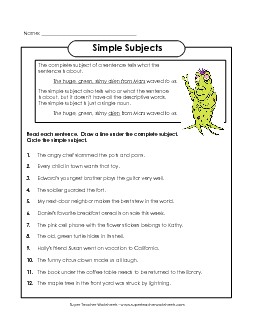 Simple Subjects Subject Predicate Worksheet