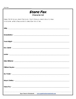 Stone Fox Character List Books Worksheet