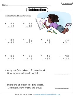 Subtraction Worksheet (2-Digits /  No Regrouping) Free Worksheet