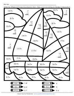 Mystery Picture: Sailboat (7s Only) Subtraction Worksheet