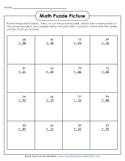 Addition (Carrying) - Leprechaun Picture Puzzle Stpatrick Worksheet