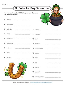 St. Patrick's Day Unscramble Holiday Worksheet