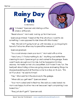 Rainy Day Fun (Fiction Story) 3rd Grade Reading Comprehension Worksheet