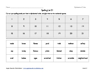 List 21:  ABC Order Spelling Worksheet