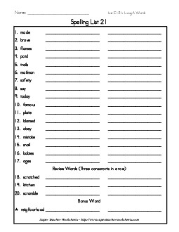 List 21: Word List Spelling Worksheet