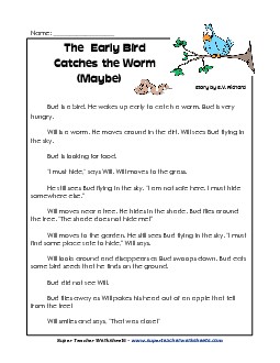 Early Bird Catches the Worm (Fiction Story) 1st Grade Reading Comprehension Worksheet