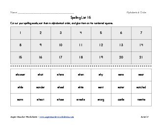 List 16:  ABC Order Spelling Worksheet