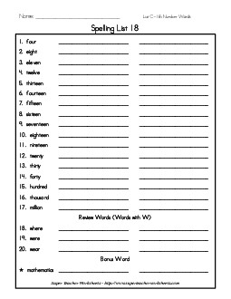 List 18: Word List Spelling Worksheet