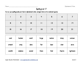 List 17:  ABC Order Spelling Worksheet