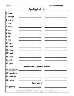 List 15: Word List Spelling Worksheet