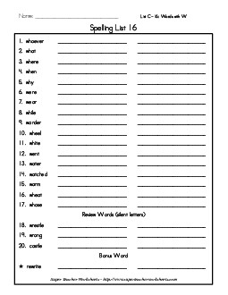 List 16: Word List Spelling Worksheet