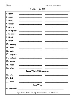 List 28: Word List Spelling Worksheet