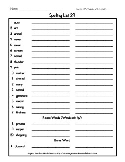 List 29: Word List Spelling Worksheet