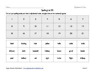 List 25:  ABC Order Spelling Worksheet