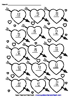 Subtraction: Valentine Math Picture Holiday Worksheet