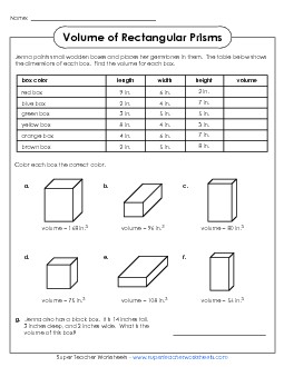 Volume - Rectangular Prism Table Geometry Worksheet