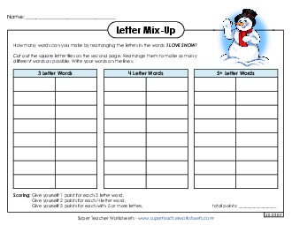 Letter Mix Up: I Love Snow (Intermediate) Winter Worksheet