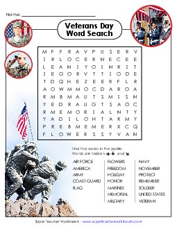 Veterans Day Word Search Worksheet