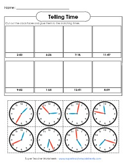 Cut & Glue - Nearest Minute Time Worksheet