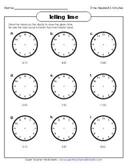 Draw Clock Hands: To Nearest Five Minutes Time Worksheet