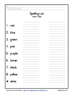 Theme List - Colors Spelling Worksheet