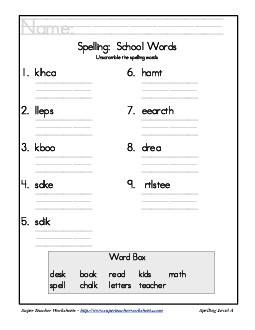 Theme List - School: Unscramble Spelling Worksheet