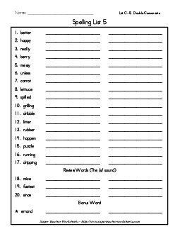 List 5: Word List Spelling Worksheet