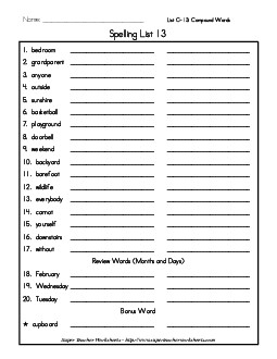 List 13: Word List Spelling Worksheet